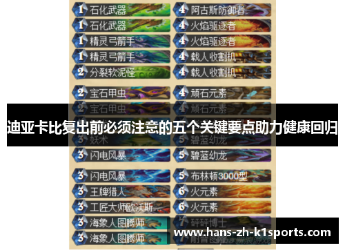 迪亚卡比复出前必须注意的五个关键要点助力健康回归